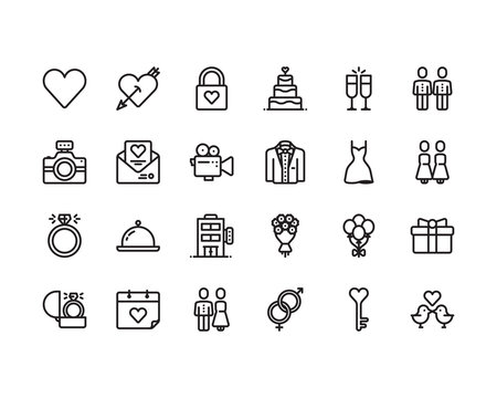 Love and Wedding outline icon set