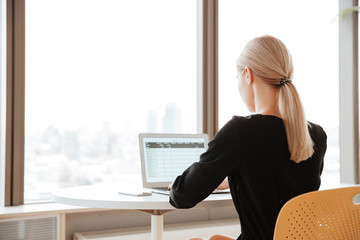 Back view photo of young woman worker using laptop