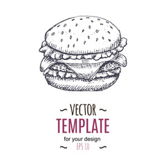 Vector vintage burger drawing. Hand drawn monochrome fast food illustration.