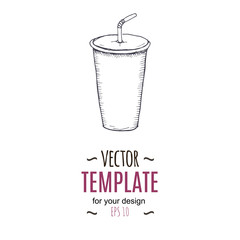 Vector vintage cold drink drawing. Hand drawn monochrome fast food illustration.