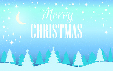Merry Christmas. Winter landscape with snowflakes and Christmas trees. Xmas background. Vector illustration.