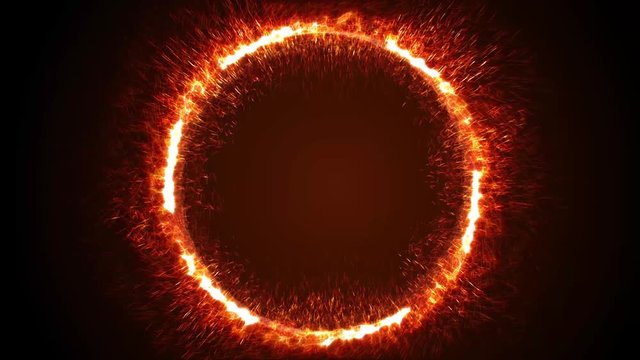 Seamless animation of abstract ring of fire flame fireworks burning. Sparking fire circle pattern or cold fire or fireworks in black background in 4k flame concept.
