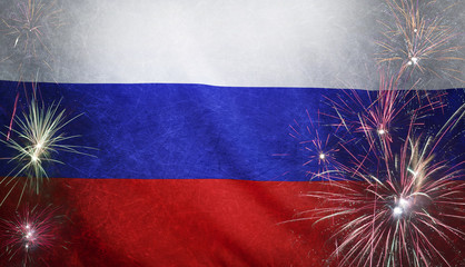 Russia Flag Firework Grunge Concept real fabric