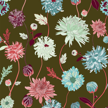 asian flower illustration seamless pattern