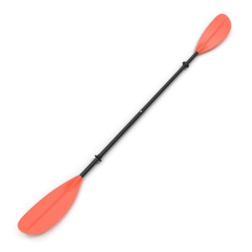 Red plastic kayak paddle isolated on white. Top view. 3D illustration