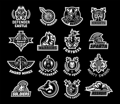 Set of logos on the sword and warrior. Black and white color sticker. Viking, a knight, a Spartan soldier, killer, Paladin, a dagger. Castle, Tower, Fortress, flag. The heart, the eagle, the muscles