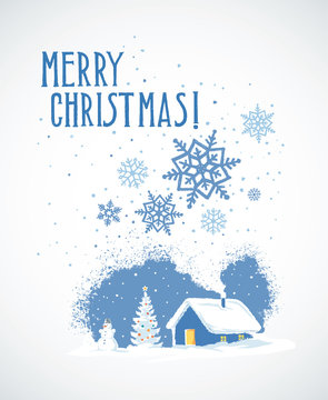 Winter rural landscape with a house, with snowman, and Christmas tree, this is image holiday card.