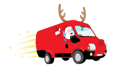 a vector cartoon representing a modern Santa Claus driving a speedy red van with antlers and a big red nose, delivering presents and flying in the sky