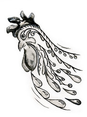 Decorative black and white rooster watercolor