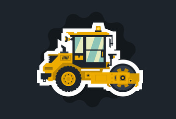 Yellow asphalt compactor. The object circled white outline on a dark background. Construction machinery. Special equipment. Road repair. Vector illustration. Flat style