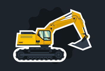 Yellow excavator. The object circled white outline on a dark background. Special equipment. Construction machinery. Vector illustration.