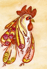 Decorative red rooster watercolor