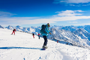 Fototapeta na wymiar Woman, snowboard winter, rides