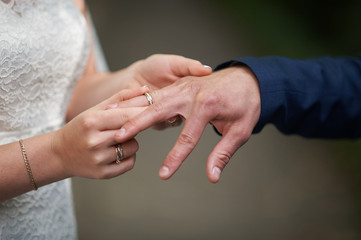 bride dress ring for groom on wedding ceremony