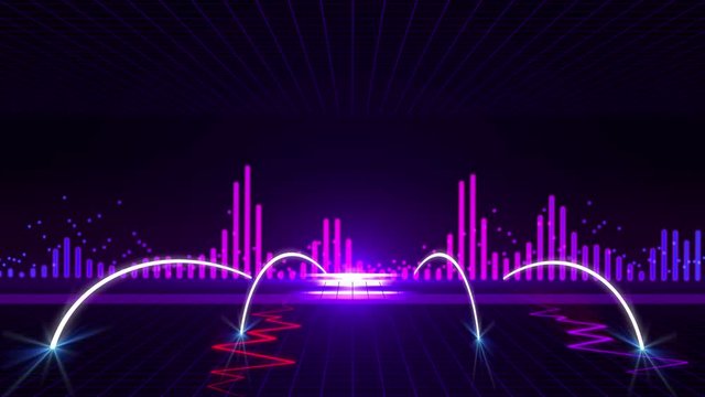 Seamless 3D abstract animation of vibration graph pulse or seismograph with music sound wave equalizer in 3d geometric square terrain wireframe background.