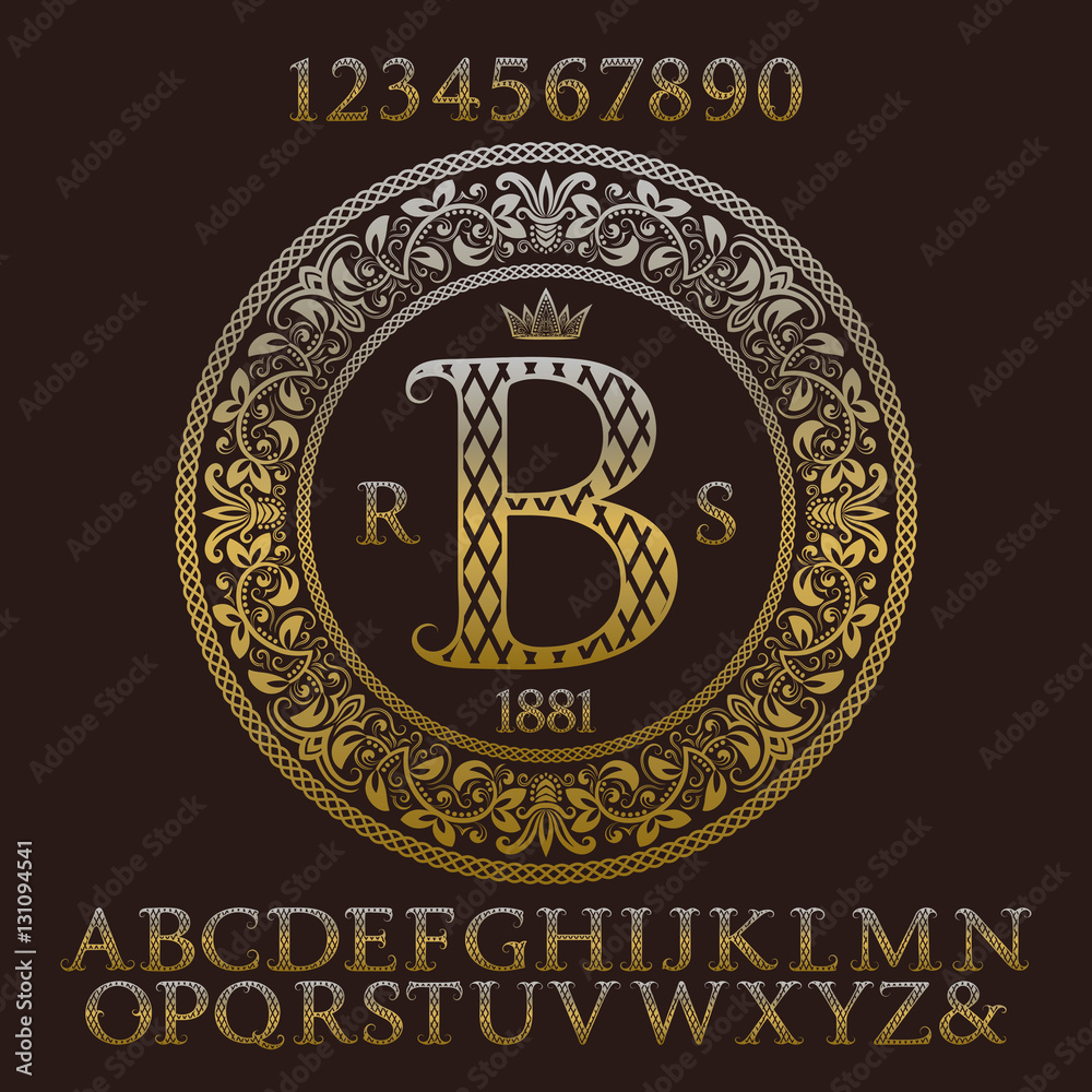 Poster patterned gold letters and numbers with initial monogram. elegant patterned font and elements kit fo