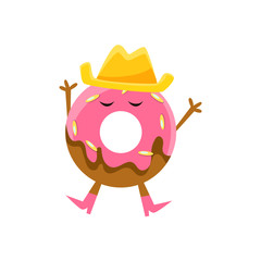 Humanized Doughnut With Pink Glazing And Cowboy Hat Cartoon Character With Arms And Legs