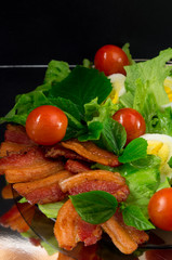 Side view close-up fragment of the dish with fried bacon and che