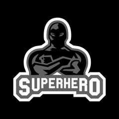 Logo superman. Superhero costume. Defender city. Fighter for justice. Sticker isolated and encircled by a white outline in the background. Black and white execution. Vector illustration. Flat style