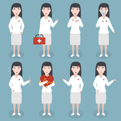 Collection of vector cartoon doctor woman character in various emotions and situations. Concept of healthcare and medical science.