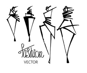 Fashion models sketch hand drawn , stylized silhouettes isolated . Vector fashion illustration set. Fashion logo.