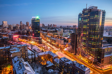 Fototapeta na wymiar Night Kiev city view, panorama of modern bulding Kiev, Ukraine