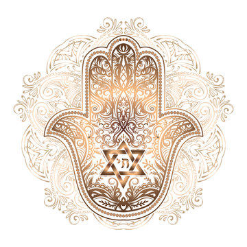 Elegant hand drawn Isolated traditional Jewish sacred amulet and religious symbols - Hamsa or hand of Miriam, palm of David, star of David, Rosh Hashanah, Hanukkah, Shana Tova