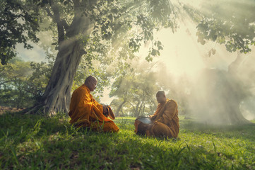 Two monks meditation under the trees with sun ray, Buddha religi - obrazy, fototapety, plakaty