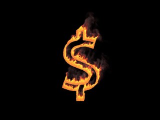 Dollar sign on fire with smoke. 3d render. Graphic illustration