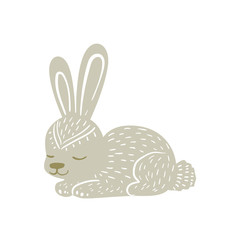 White Rabbit Relaxed Cartoon Wild Animal With Closed Eyes Decorated With Boho Hipster Style Floral Motives And Patterns