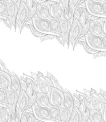 Floral border hand drawn. Monochrome coloring page with fantasy feathers. Line art. Design template vector illustration .