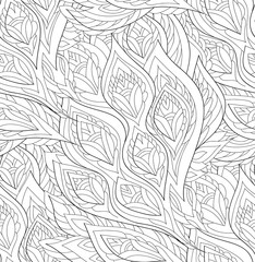 Abstract seamless pattern with fantasy feathers. Vector illustration hand drawn.