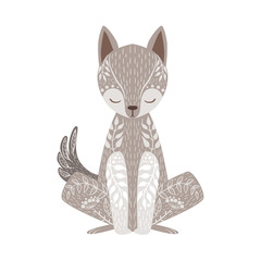 Fototapeta premium Wolf Relaxed Cartoon Wild Animal With Closed Eyes Decorated With Boho Hipster Style Floral Motives And Patterns