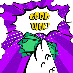 Happy New Year card with rooster wing and bundle of money. Good luck. Comics style.