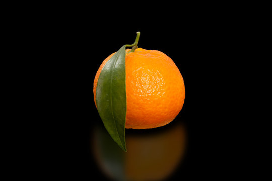 Juicy orange mandarin on pure black background.