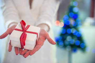 Beautiful girl holding a Christmas present in front of her. 