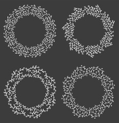 Round vector frames and wreaths made of different abstract elements drawn with black ink pen. Nature motifs and patterns of leaves and branches. For design of frames, headers, banners, greeting cards.