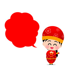 Happy chinese boy cartoon smile with speech bubble vector illust