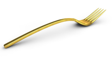 3D render of a golden fork on a white background