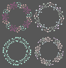 Round vector frames and wreaths made of different abstract elements drawn with black ink pen. Lines and dots colored motifs and patterns. For design of frames, headers, banners, greeting cards.