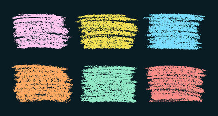 Set of colored crayon pastel chalk design elements on black. Hand drawn background. Vector crayon texture. 