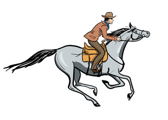 Fototapeta premium Horseback galloping rider. Vector hand drawn cartoon illustration with cowboy man and horse.