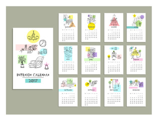 Interior calendar of 2017. Doodle set of different interior hand drawn sketch, vector illustration. Isolated