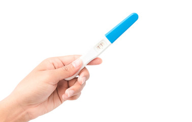 Woman hand holding pregnancy test with white background