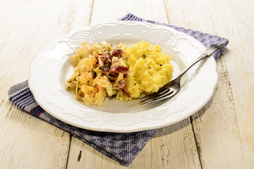 irish specialty, mashed potato, bacon and cabbage