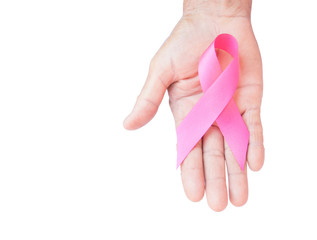 Closeup Old woman hand holding pink ribbon on white background ,