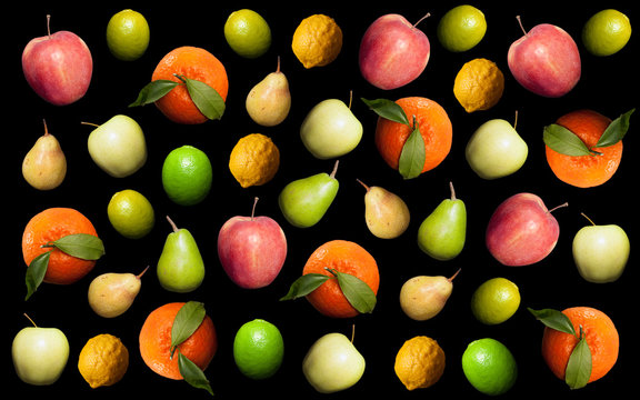 Mix of juicy fruit colorful pad food on black background.