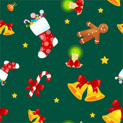 Christmass seamless pattern gingerbread man cookies, jingle bells stocking gifts, xmas background decoration elements texture vector ornament illustration, winter holiday sock with candy and presents