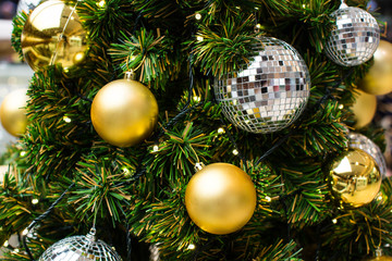 Obraz na płótnie Canvas Christmas background. Close-up Decorative objects for Christmas, balls, tree, letters, reindeer, Santa slave-el is used most. Selective focus.