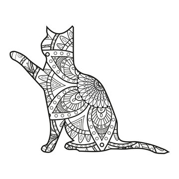 Vector illustration of a black and white cat mandala for coloring book, gatto mandala in bianco e nero vettoriale